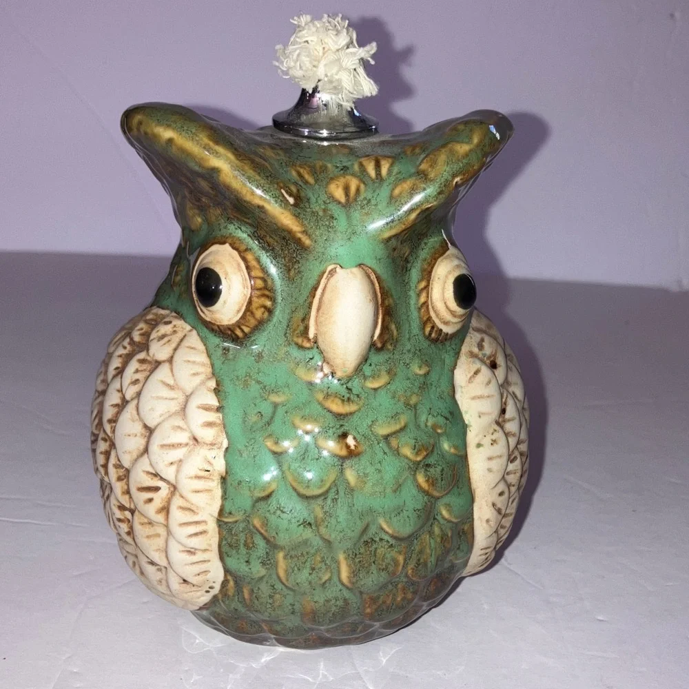 Whimsical Green and Cream Owl Oil Lamp 5”